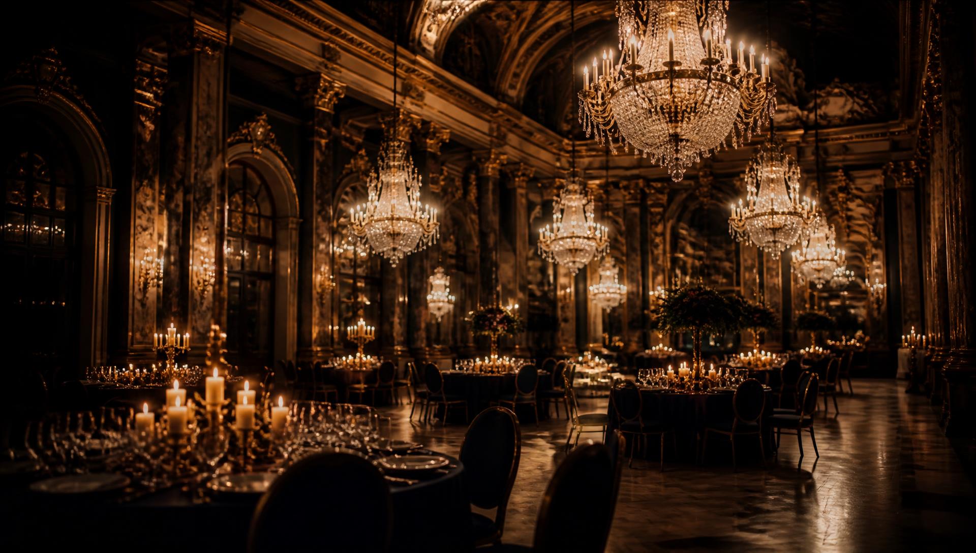 A grand ballroom lit by chandeliers and candlelight